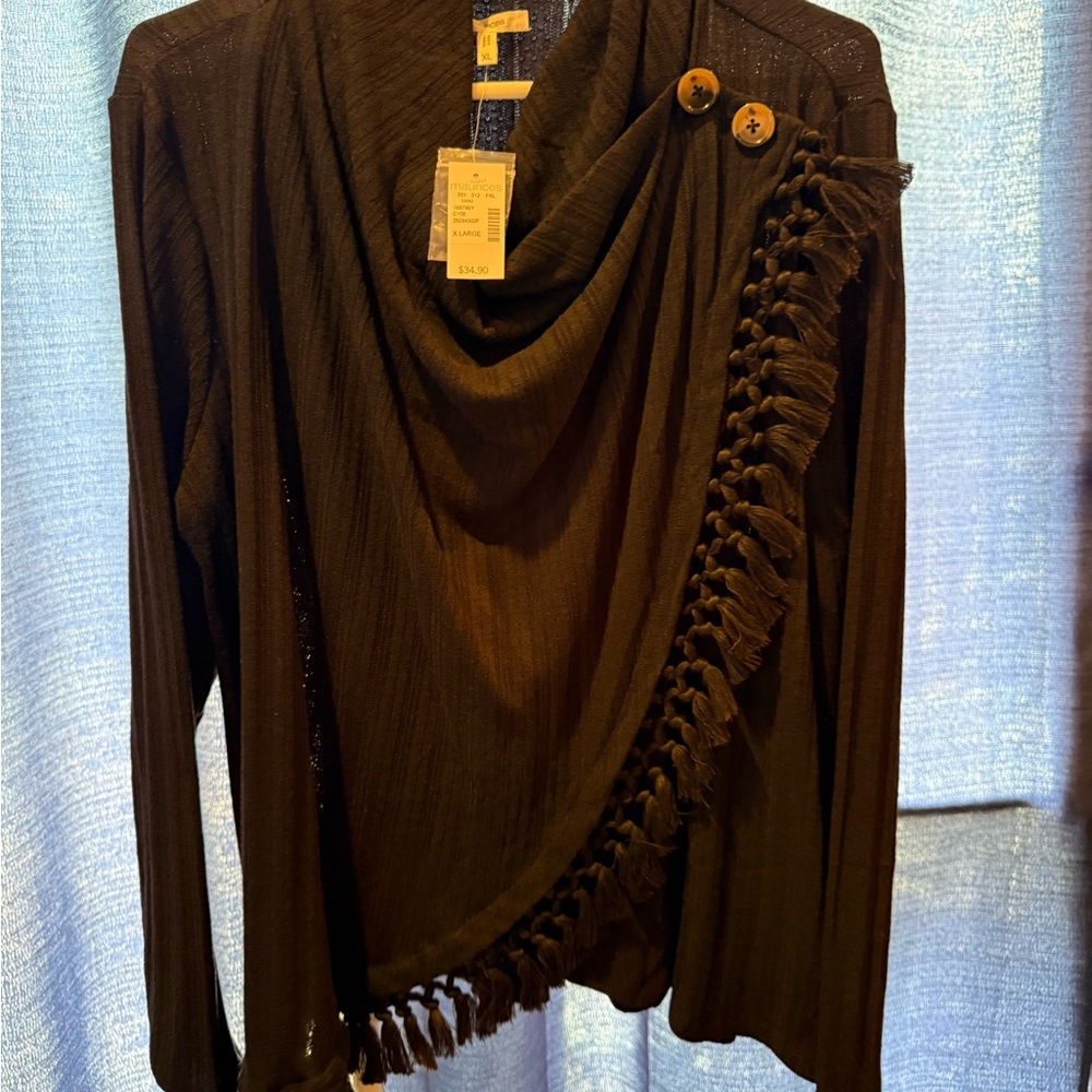 Black Draped Long Sleeve Top with Fringe Detail